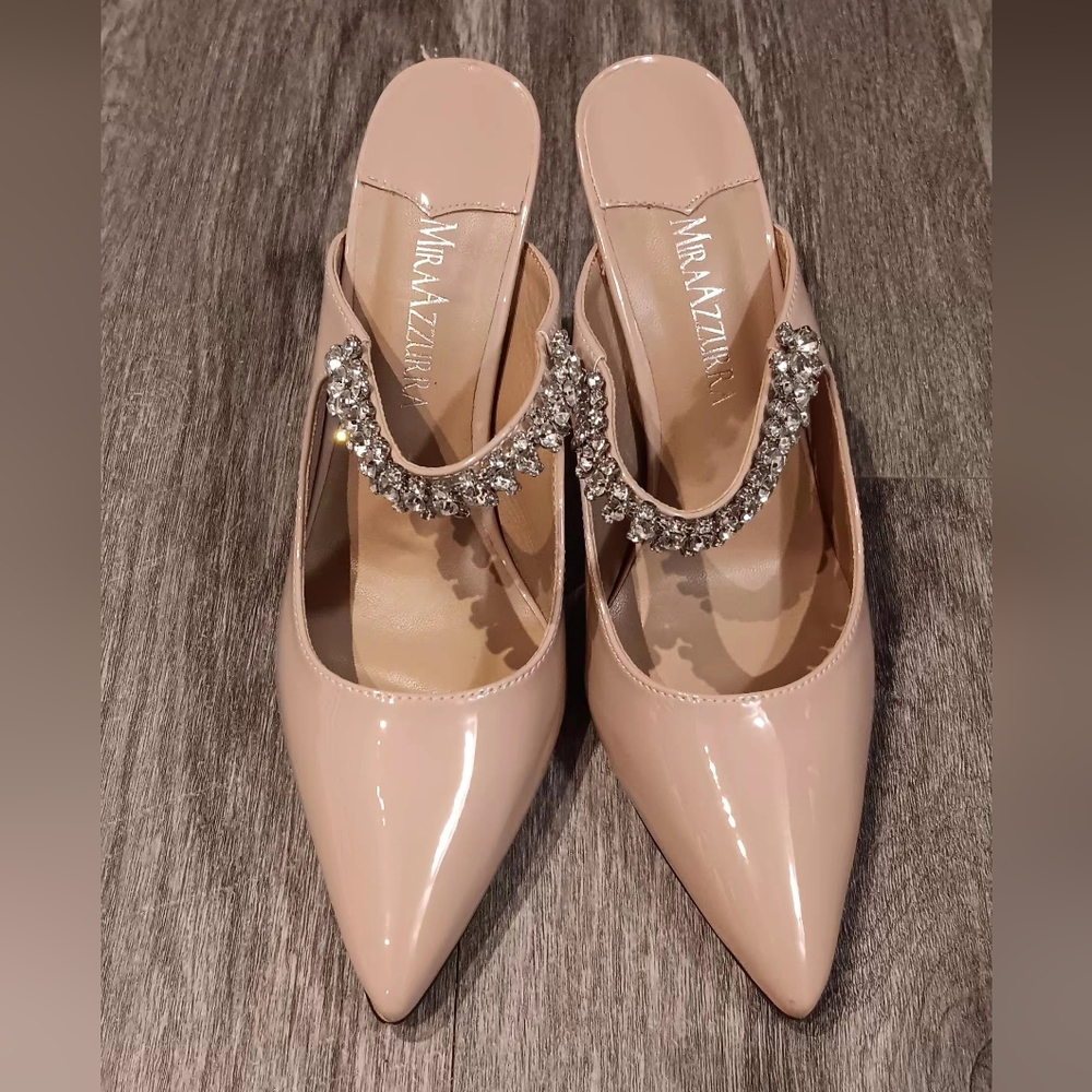 Mira Azzurra Nude Stiletto mules 6.5 Rhinestone Strap